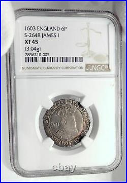 1603 GREAT BRITAIN UK King JAMES I of KJV Bible Silver Sixpence Coin NGC i80401