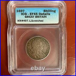 1697 GREAT BRITAIN SILVER SHILLING GRADED ICG EF45 Details, Scratched