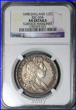 1698 NGC AU Det William III Half 1/2 Crown Great Britain Silver Coin (21101801C)