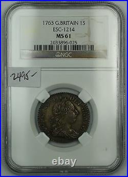 1763 Great Britain One Shilling Silver Coin ESC-1214 NGC MS-61 Uncirculated AKR