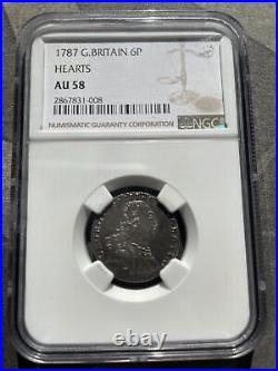 1787 Great Britain Silver 6 Pence George III AU-58 With Hearts (NGC)