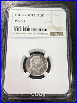 1816 MS63 Great Britain Silver 6 Pence NGC KM 665 George III Beautiful Coin