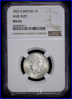 1825 Great Britain Silver 1s Shilling NGC MS 64 Bare Bust