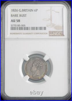 1826, Great Britain, George IV. Nice Silver Bare Bust 6 Pence Coin. NGC AU-58