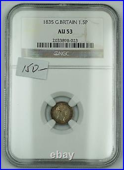 1835 Great Britain One and a Half Penny 1.5P Silver Coin NGC AU-53 AKR