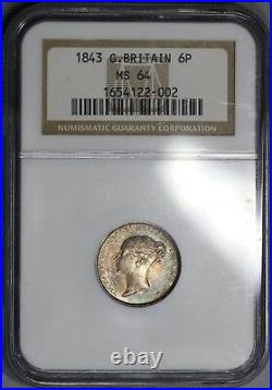 1843 NGC MS 64 Victoria 6 Pence Great Britain Silver Toned Coin (16082801D)