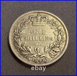 1848 Great Britain Queen Victoria Silver Shilling. Rare Date. Higher Grade