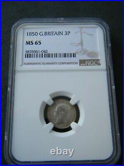 1850 Silver Threepence 3d Queen Victoria Great Britain NGC MS65
