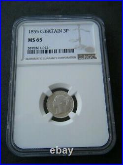 1855 Silver Threepence 3d Queen Victoria Great Britain NGC MS65