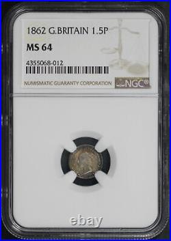 1862 Great Britain Silver 1-1/2 Pence NGC MS-64