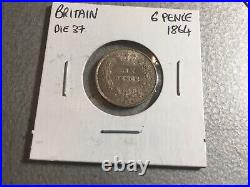 1864 Great Britain Silver 6 Pence Coin Extra Fine Circulated Die #37 XF # 1932s