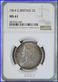 1864 Great Britain Victoria Gothic 2 Shillings / One Florin Silver Coin NGC MS61