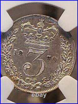1870 GREAT BRITAIN 3 pence SILVER 3P Threepence Victoria BU UNC Details NGC