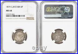 1874, Great Britain. Silver 6 Pence Coin. Die No. 3 & Fancy 4 in Date! NGC MS-64