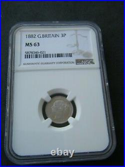 1882 Silver Threepence 3d Queen Victoria Great Britain NGC MS63