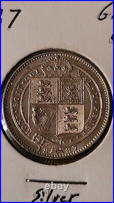 1887 Great Britain Sterling Silver Shilling Queen Victoria Coin UNC England UK
