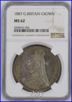 1887 UK Great Britain Queen Victoria Silver Crown Coin Nicely Toned NGC MS62