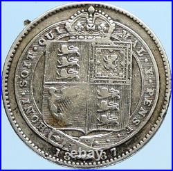 1887 UK Great Britain United Kingdom QUEEN VICTORIA Silver Shilling Coin i98139