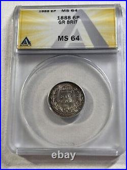 1888 Great Britain Silver 6 Pence Graded MS 64 by ANACS