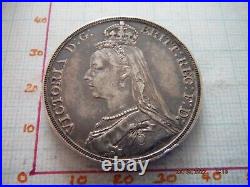 1890 GREAT BRITAIN QUEEN VICTORIA SILVER. 925 CROWN 5/- COIN Good Detail TONED