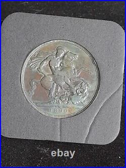 1890 GREAT BRITAIN QUEEN VICTORIA SILVER. 925 CROWN 5/- COIN Good Detail TONED