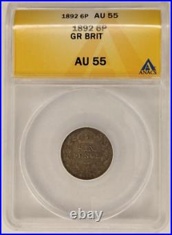 1892 AU55 Great Britain Silver 6 Pence ANACS Rare Queen Victoria 6P Rare Coin 1A