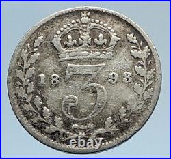 1893 UK Great Britain United Kingdom QUEEN VICTORIA 3 Pence Silver Coin i74292