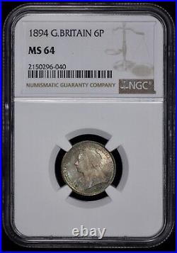 1894 Great Britain Silver 6 Pence NGC MS 64 Toned