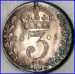 1905 NGC MS 65 Edward VII 3 Pence Great Britain Silver Coin (20042302C)