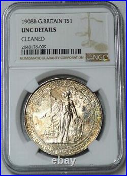 1908 B Great Britain Silver Trade Dollar NGC UNC Details Toning Pretty