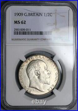 1909 NGC MS 62 Edward VII 1/2 Crown Great Britain Rare Silver Coin (23121602D)