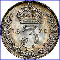 1913 Great Britain Silver 3 Pence, King George V, Ngc Ms67 Top Pop, Finest Known