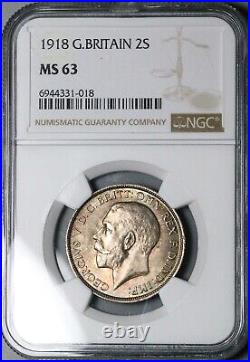 1918 NGC MS 63 Great Britain Florin 2 Shillings George V Silver Coin (24060903C)