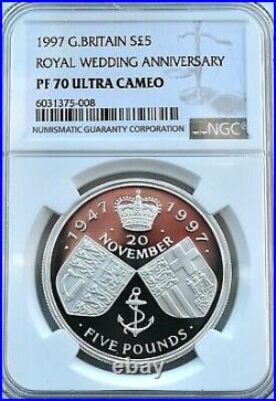 1997 Silver Proof Royal Golden Wedding Anniversary £5 NGC PF70 Great Britain