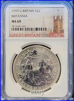 1999 GREAT BRITAIN SILVER 2 POUNDS BRITANNIA1999 GREAT BRITAIN NGC MS 69 Low Pop