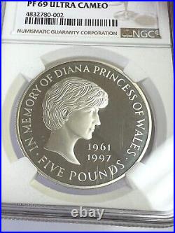 1999 Great Britain Silver 5 Pounds, Princess Diana PROOF, NGC PF-69 Ultra Cameo
