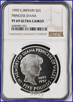 1999 Great Britain Silver Five Pounds Princess Diana Ngc Pf 69 Ultra Cameo