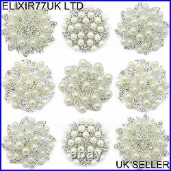1 to 60 LARGE BROOCH JOB LOT PEARL DIAMANTE SILVER FLOWER WEDDING BOUQUET BRIDAL