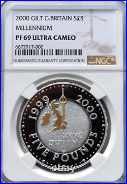 2000 Silver Gilt £5 Proof Millennium NGC PF69 Great Britain