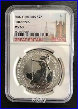 2002 Great Britain Silver 2 Pounds Britannia NGC MS68