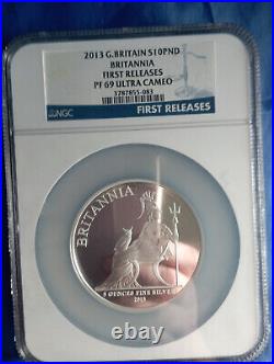 2013 Great Britain £10 Silver, 5oz Britannia NGC PF69 Ultra Cameo, 1st Releases