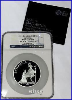 2013 SILVER GREAT BRITAIN 10 POUNDS BRITANNIA 5oz PROOF NGC PF 70 FIRST RELEASES