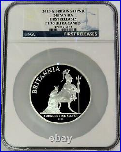 2013 SILVER GREAT BRITAIN 10 POUNDS BRITANNIA 5oz PROOF NGC PF 70 FIRST RELEASES
