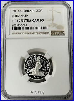 2014 Silver Great Britain 50 Pence Britannia 1/4 Oz Proof Coin Ngc Pf 70 Uc