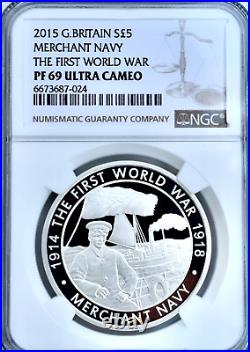 2015 Silver £5 Proof Merchant Navy WWI Centenary NGC PF69 Great Britain