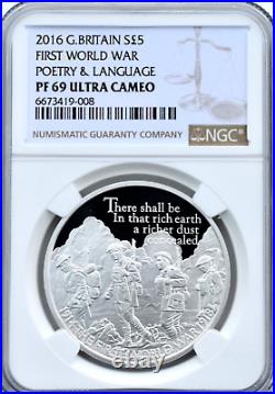 2016 Silver £5 Proof Poetry WWI Centenary NGC PF69 Great Britain First War