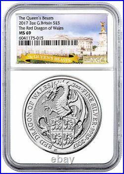 2017 Great Britain 2 oz Silver Queen's Beasts Red Dragon of Wales NGC MS69 Excl