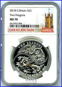 2018 2pd Great Britain 1oz Silver Two Dragons Ngc Ms70 Rare