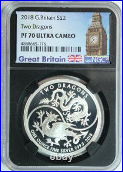 2018 Great Britain 1 Troy Ounce. 9999 Silver Two Dragons NGC Proof Ultra Cameo