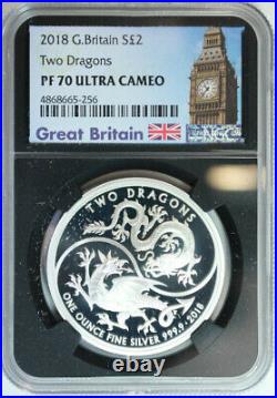 2018 Great Britain 1 Troy Ounce. 9999 Silver Two Dragons NGC Proof Ultra Cameo